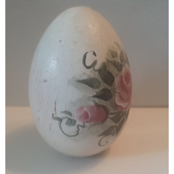 Pink Rose Hand Painted Wooden Easter Egg Decor Shabby Style Cottage Core - Picture 5 of 9